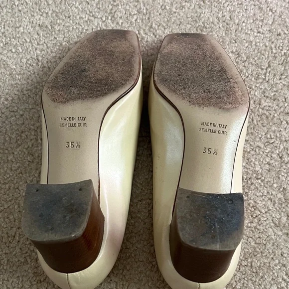 Celine Cream Leather Square-Toe Pumps with Gold Logo Plaque - Picture 11 of 12